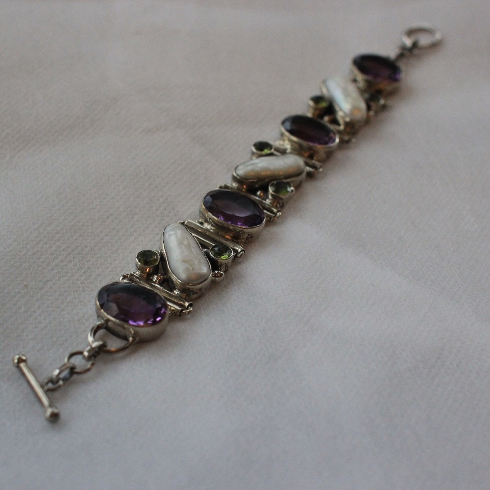 Genuine Amethyst, Pearl, Peridot Silver Bracelet